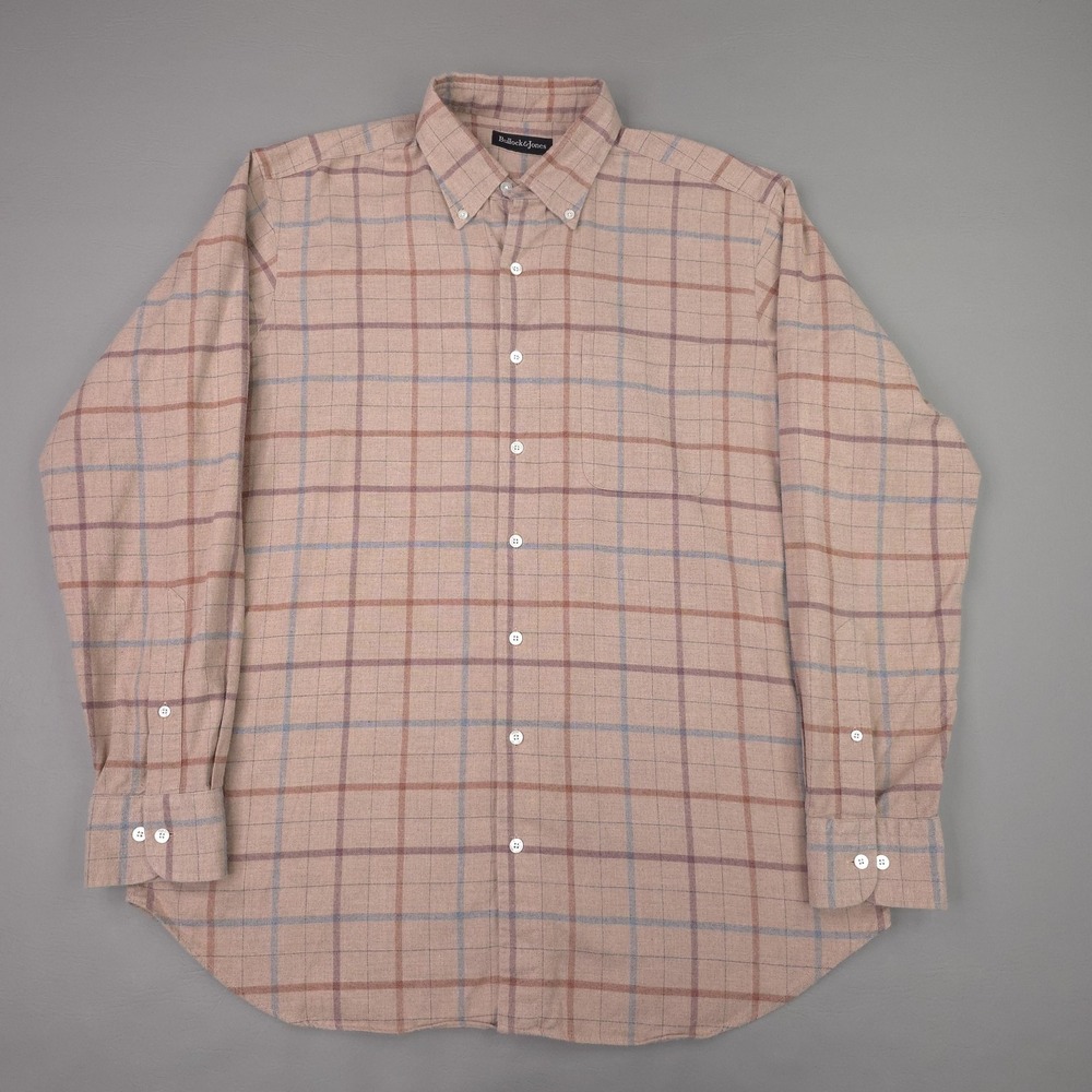 Bullock & Jones Shirt Mens Large Beige Plaid Flannel Button Down USA Casual